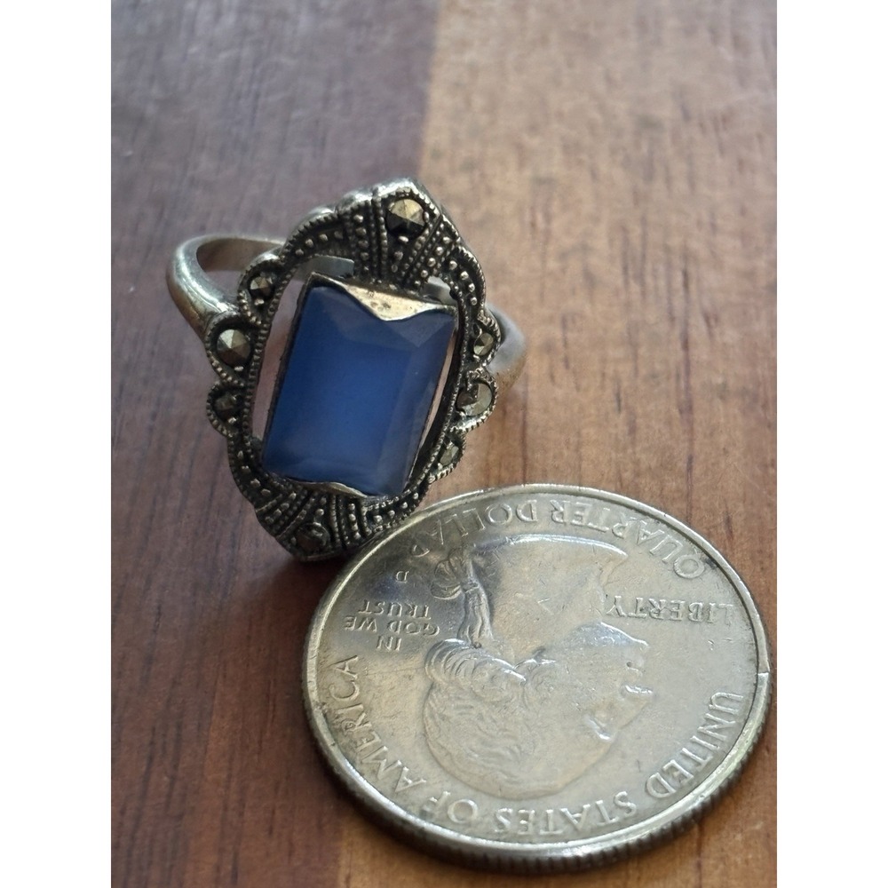 Vintage Deco Nouveau Blue Gem Marcasite Ring Size 7 Sterling Silver - Picture 5 of 5